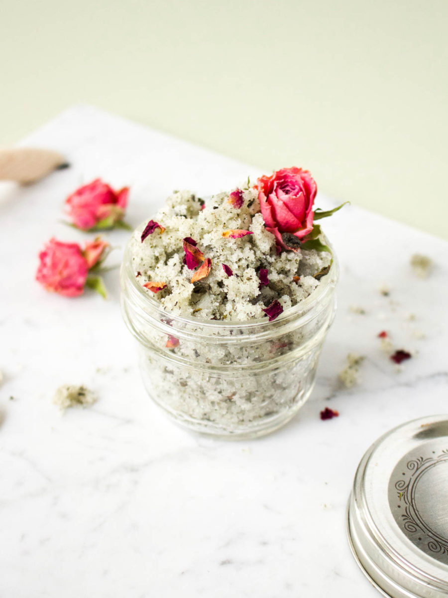 This green tea & rose body scrub DIY is made with fragrant essential oil and soothing green tea.